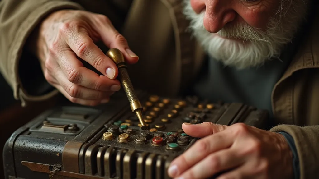 Man oiling a reed in an antique accordion