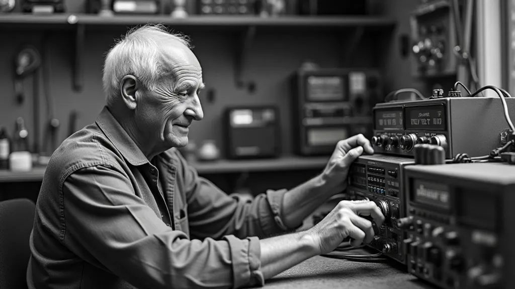 Ham radio operator at workbench