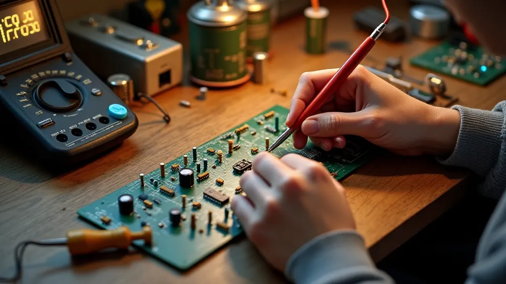 Workbench with circuit board and tools